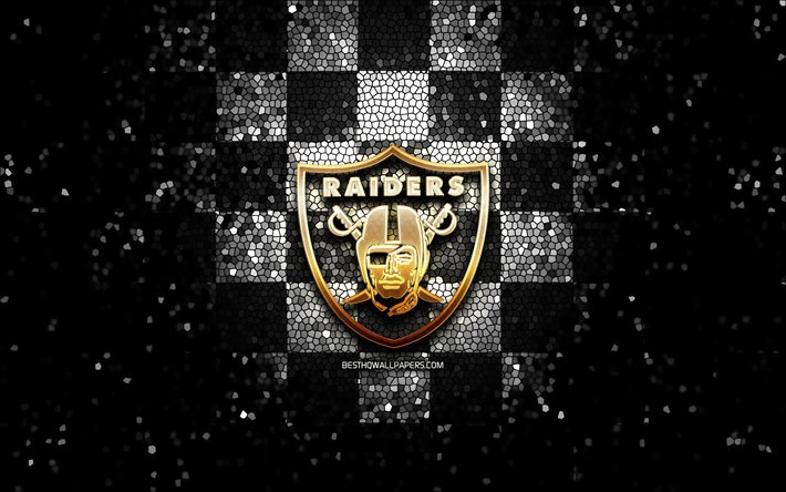 Oakland Raiders logo glitter, NFL, nero, bianco, sfondo a scacchi, USA, squadra di football americano, Oakland Raiders logo, il mosaico, il football americano, l&#39;America