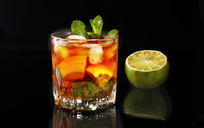 cocktail de laranja, citrus cocktail, laranja, lim&#227;o cal, cubos de gelo