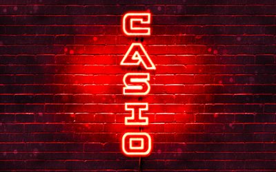 4K, Casio rouge logo, texte vertical, rouge brickwall, Casio n&#233;on logo, cr&#233;atif, Casio, logo, illustration