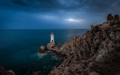 stone lighthouse, evening, sunset, rocks, seascape, lighthouse building