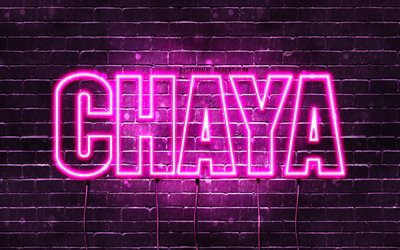 Chaya, 4k, خلفيات أسماء, أسماء الإناث, Chaya اسم, الأرجواني أضواء النيون, نص أفقي, صورة مع Chaya اسم