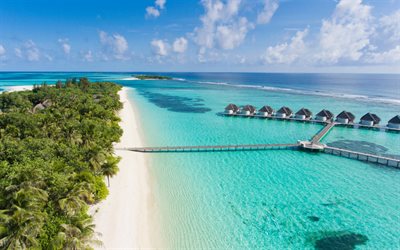 Maldive, oceano Indiano, isola tropicale, estate, palme, spiaggia, oceano, Jumeirah Vittaveli Maldive