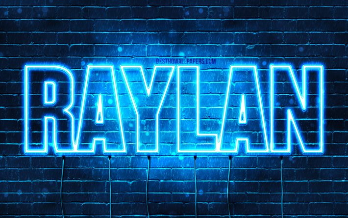 Raylan, 4k, pap&#233;is de parede com os nomes de, texto horizontal, Raylan nome, luzes de neon azuis, imagem com Raylan nome