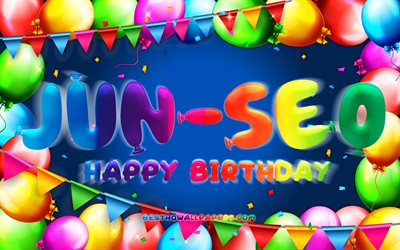 Happy Birthday Jun-seo, 4k, colorful balloon frame, Jun-seo name, blue background, Jun-seo Happy Birthday, Jun-seo Birthday, popular south korean male names, Birthday concept, Jun-seo