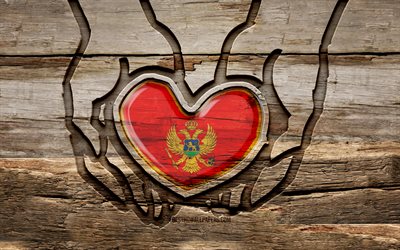 amo il montenegro, 4k, mani di intaglio del legno, giorno del montenegro, bandiera del montenegro, creativo, bandiera del montenegro in mano, prenditi cura del montenegro, intaglio del legno, europa, montenegro