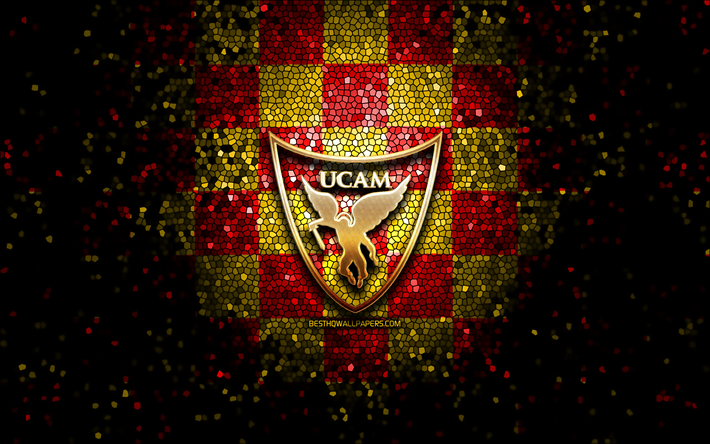 UCAM Murcia CB, glitter logo, ACB, red yellow checkered background, spanish basketball team, UCAM Murcia CB logo, mosaic art, basketball