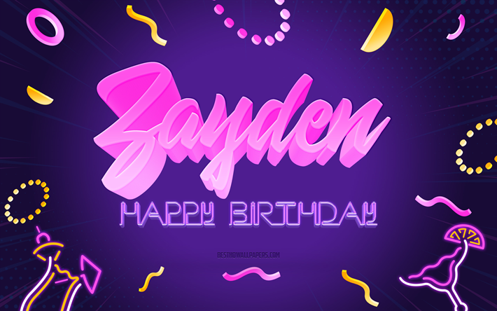 joyeux anniversaire zayden, 4k, purple party background, zayden, art cr&#233;atif, zayden nom, zayden anniversaire, f&#234;te d anniversaire fond