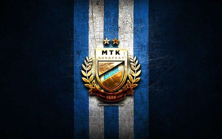 mtk budapest fc, logo dorato, otp bank liga, sfondo di metallo blu, calcio, squadra di calcio ungherese, logo mtk budapest, ungheria, mtk budapest