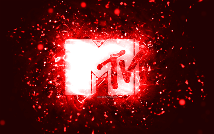 mtv الشعار الأحمر, 4k, أضواء النيون الحمراء, خلاق, الأحمر، جرد، الخلفية, تلفزيون الموسيقى, شعار mtv, العلامات التجارية, mtv