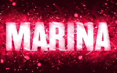 happy birthday marina, 4k, luci al neon rosa, nome marina, creativo, marina happy birthday, marina birthday, nomi femminili americani popolari, foto con nome marina, marina