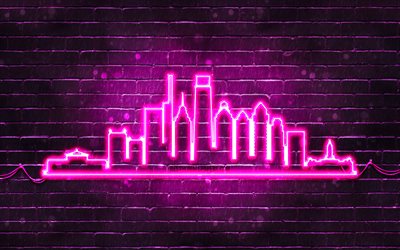 philadelphie violet n&#233;on silhouette, 4k, violet n&#233;on, philadelphie skyline silhouette, violet brickwall, villes am&#233;ricaines, n&#233;on skyline silhouettes, etats-unis, philadelphie silhouette, philadelphie
