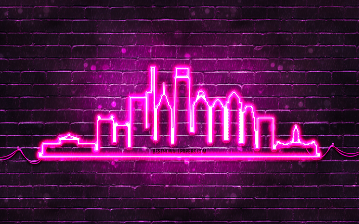 フィラデルフィアパープルネオンシルエット, 4k, 紫色のネオンライト, フィラデルフィアのスカイラインのシルエット, 紫のレンガの壁, アメリカの都市, ネオンスカイラインのシルエット, 米国, フィラデルフィアのシルエット, フィラデルフィア
