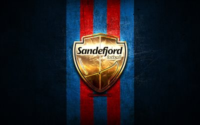 sandefjord fc, altın logo, eliteserien, mavi metal arka plan, futbol, ​​norve&#231; futbol kul&#252;b&#252;, sandefjord fotball logo, sandefjord fotball
