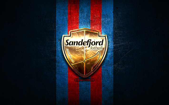 Sandefjord FC, golden logo, Eliteserien, blue metal background, football, norwegian football club, Sandefjord Fotball logo, soccer, Sandefjord Fotball