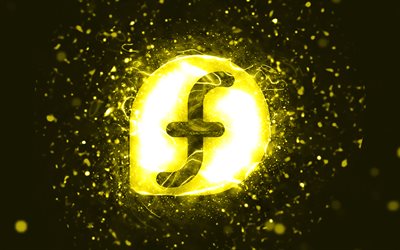 fedora keltainen logo, 4k, keltaiset neonvalot, luova, keltainen abstrakti tausta, fedora-logo, linux, fedora