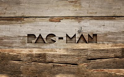 Pac-Man wooden logo, 4K, wooden backgrounds, games brands, Pac-Man logo, creative, wood carving, Pac-Man