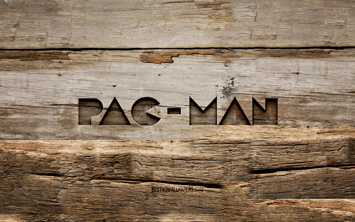 パックマンの木製ロゴ, 4k, 木製の背景, ゲームブランド, パックマンのロゴ, クリエイティブ, 木彫り, パックマン