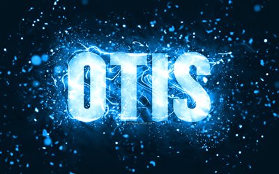 buon compleanno otis, 4k, luci al neon blu, nome otis, creativo, compleanno otis, nomi maschili americani popolari, foto con nome otis, otis