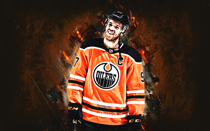 Connor McDavid, Edmonton Oilers, NHL, Canadian hockey player, National Hockey League, orange stone background, hockey