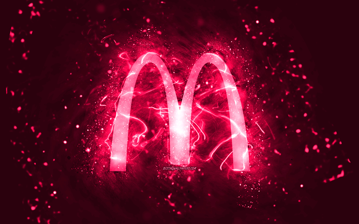 マクドナルドピンクのロゴ, 4k, ピンクのネオンライト, クリエイティブ, ピンクの抽象的な背景, マクドナルドのロゴ, ブランド, マクドナルド