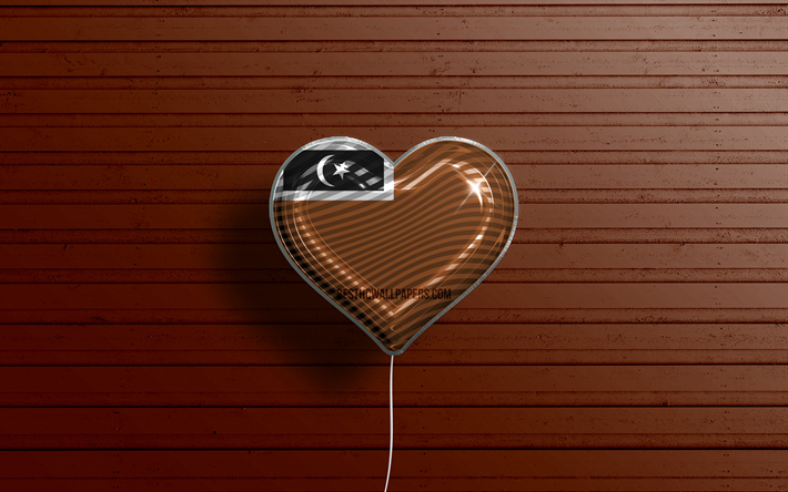 I Love Setiu District, Terengganu, 4k, realistic balloons, brown wooden background, Day of Setiu District, district of Terengganu, flag of Setiu District, Malaysia, balloon with flag, Setiu Terengganu District, Setiu District