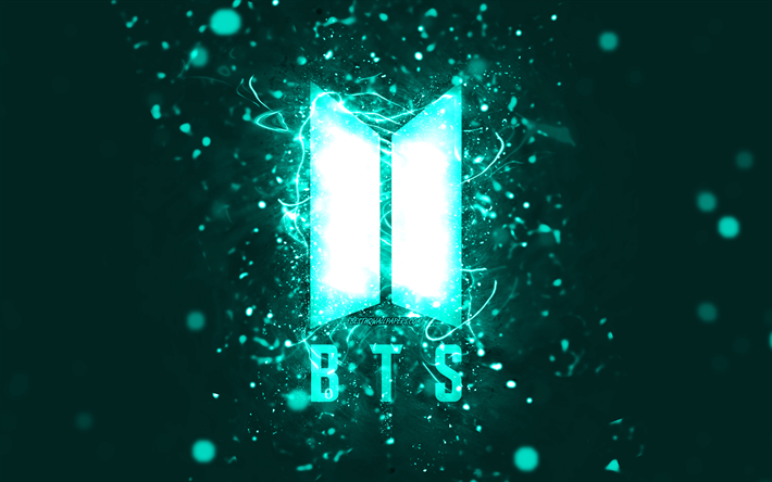 BTS turquoise logo, 4k, turquoise neon lights, creative, turquoise abstract background, Bangtan Boys, BTS logo, music stars, BTS, Bangtan Boys logo