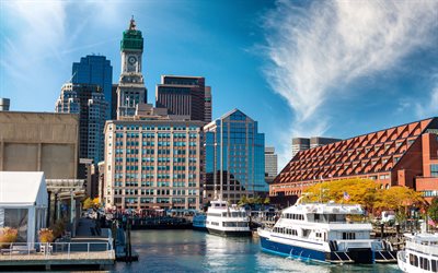 Boston, 4k, waterfront, dock, american cities, waterway, summer, USA, America