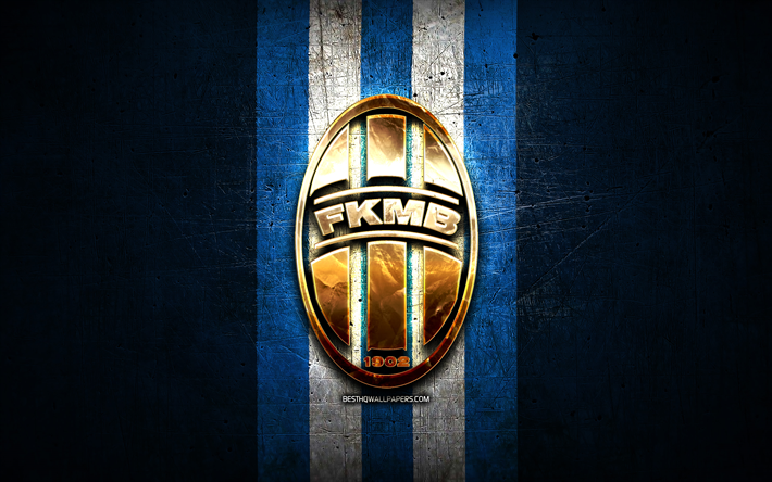ムラダーボレスラフfc, 金色のロゴ, チェコファーストリーグ, 青い金属の背景, フットボール, チェコのサッカークラブ, mladaboleslavのロゴ, サッカー, fkムラダーボレスラフ