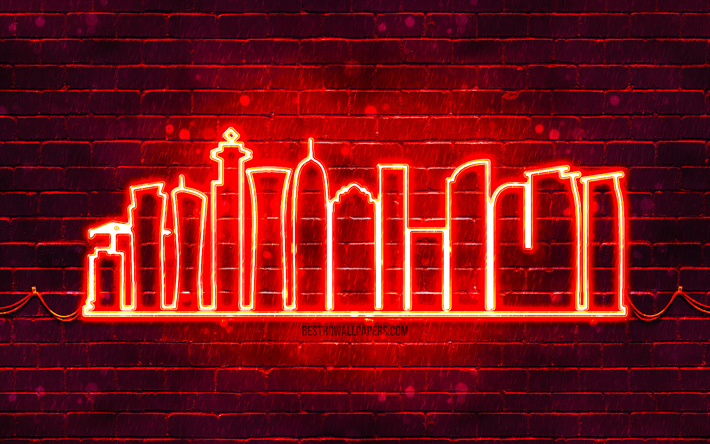 Doha red neon silhouette, 4k, red neon lights, Doha skyline silhouette, red brickwall, qatari cities, neon skyline silhouettes, Qatar, Doha silhouette, Doha