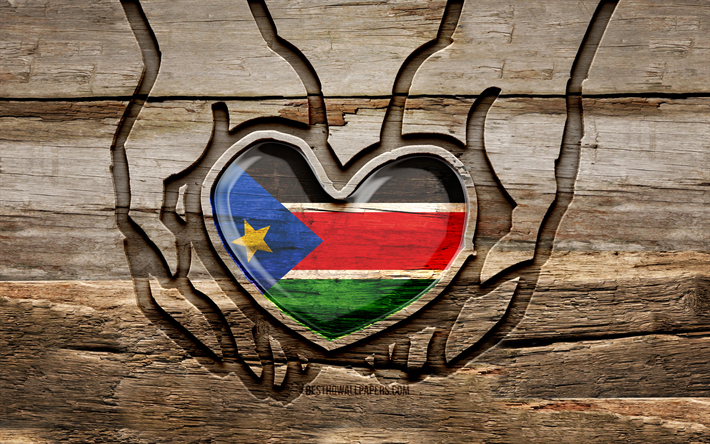 南スーダンが大好き, 4k, 木彫りの手, 南スーダンの日, 南スーダンの旗, 南スーダンに注意してください, クリエイティブ, 南スーダンの旗を手に, 木彫り, アフリカ諸国, 南スーダン