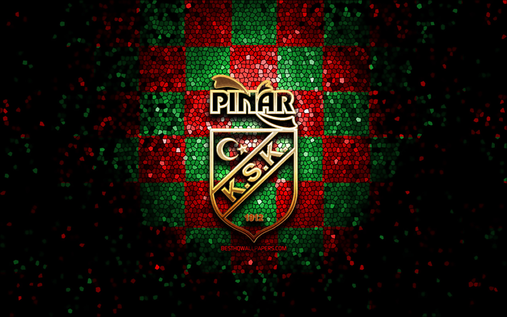 Pinar Karsiyaka, glitter logo, Basketbol Super Ligi, red green checkered background, basketball, turkish basketball team, Pinar Karsiyaka logo, mosaic art, Turkey, Karsiyaka Basket