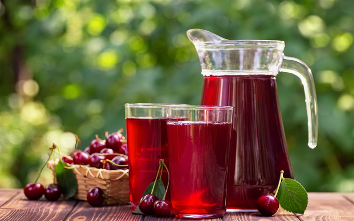 cherry juice, ripe fruits, cherries, summer juices, jug of cherry juice
