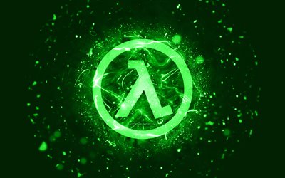 شعار half-life باللون الأخضر, 4k, أضواء النيون الخضراء, خلاق, أخضر، جرد، الخلفية, شعار half-life, شعارات الألعاب, نصف الحياة