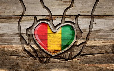 I love Guinea, 4K, wooden carving hands, Day of Guinea, Guinea flag, Flag of Guinea, Take care Guinea, creative, Guinea flag in hand, wood carving, african countries, Guinea