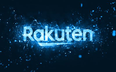 شعار rakuten الأزرق, 4k, أضواء النيون الزرقاء, خلاق, جرد، الخلفية الزرقاء, شعار rakuten, العلامات التجارية, راكوتين