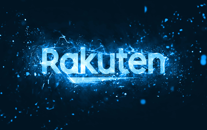 rakuten logo blu, 4k, luci al neon blu, creativo, sfondo astratto blu, logo rakuten, marchi, rakuten