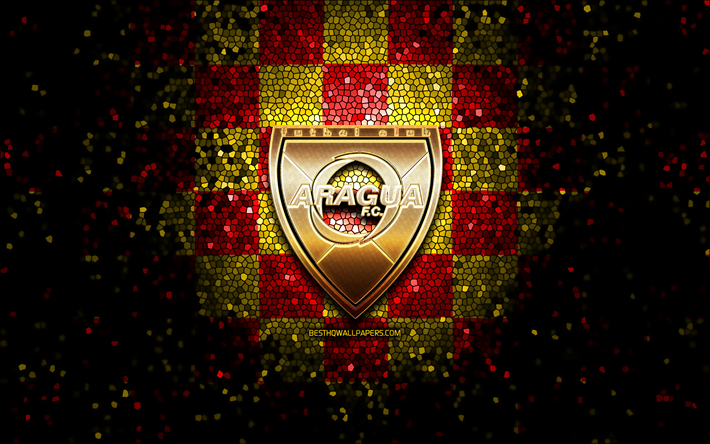aragua fc, parıltılı logo, la liga futve, kırmızı sarı damalı arka plan, futbol, ​​venezuela futbol kul&#252;b&#252;, aragua fc logosu, mozaik sanatı, venezuela primera division, fc aragua