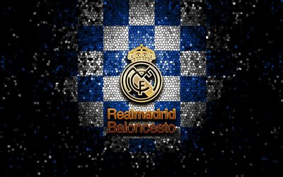 Real Madrid Basketball, glitter logo, ACB, blue white checkered background, spanish basketball team, Real Madrid Baloncesto logo, mosaic art, basketball, Real Madrid Baloncesto