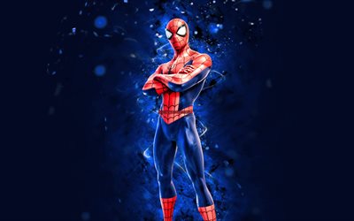 spider-man, 4k, luces de ne&#243;n azules, fortnite battle royale, personajes de fortnite, spider-man skin, fortnite, spider-man fortnite