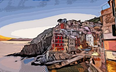 Riomaggiore, La Spezia, Liguria, Italy, 4k, vector art, Riomaggiore drawing, creative art, Riomaggiore art, vector drawing, abstract cityscape