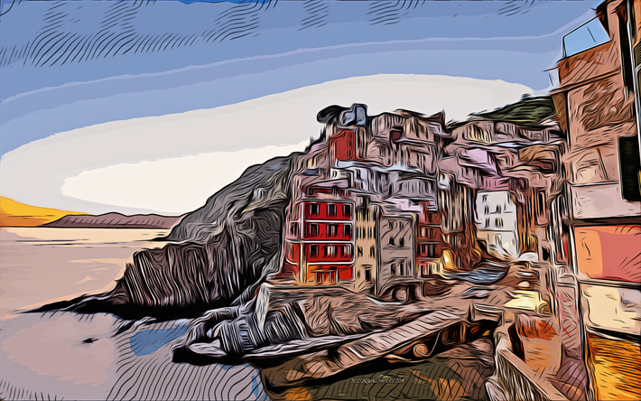 riomaggiore, la spezia, liguria, italia, 4k, arte vettoriale, disegno di riomaggiore, arte creativa, arte di riomaggiore, disegno vettoriale, paesaggio urbano astratto