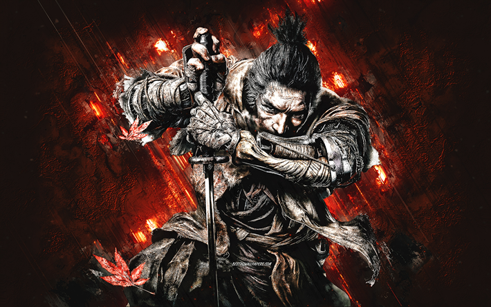 sekiro, shadows die twice, fond de pierre rouge, personnages de shadows die twice, personnage de sekiro, art grunge