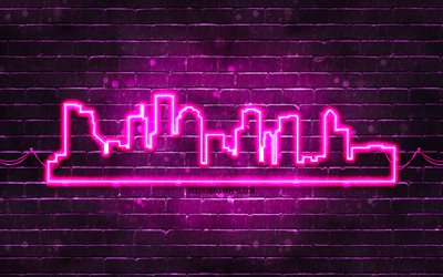 Houston purple neon silhouette, 4k, purple neon lights, Houston skyline silhouette, green brickwall, american cities, neon skyline silhouettes, USA, Houston silhouette, Houston