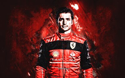 Carlos Sainz, Formula 1, Scuderia Ferrari, F1, portrait, Spanish racing driver, Sainz Ferrari, red stone background, grunge art, 2022, Ferrari