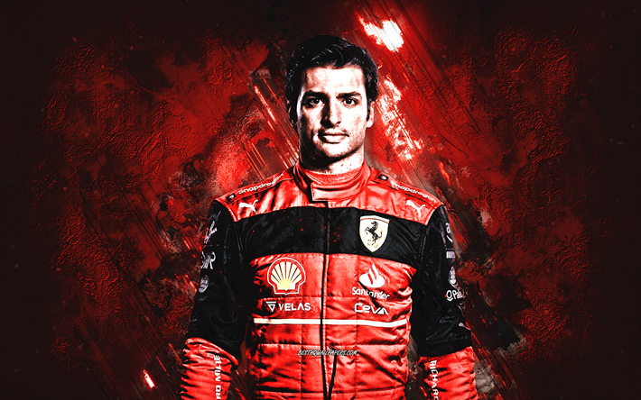 carlos sainz, formula 1, scuderia ferrari, f1, portre, ispanyol yarış pilotu, sainz ferrari, kırmızı taş arka plan, grunge sanat, 2022, ferrari