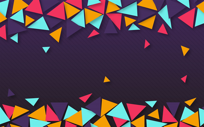 bright geometric abstraction, multicolored triangles, geometric shapes, purple background