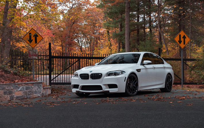 BMW 5 -, valkoinen sedan, tuning M5, BMW F10, musta py&#246;r&#228;t, Saksan autoja, BMW