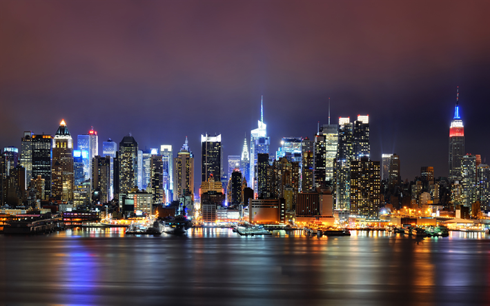 EEUU, ciudad de nueva york, panorama, los rascacielos, Nueva York, paisajes nocturnos, metropolis, estados unidos