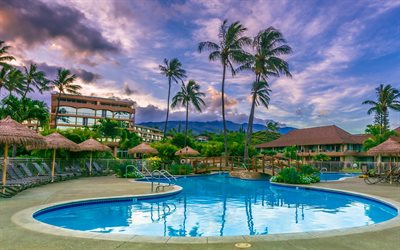 Maui, Hawaii, l&#252;ks otel, G&#252;n batımı, y&#252;zme havuzu, palmiye ağa&#231;ları, tatil, USA