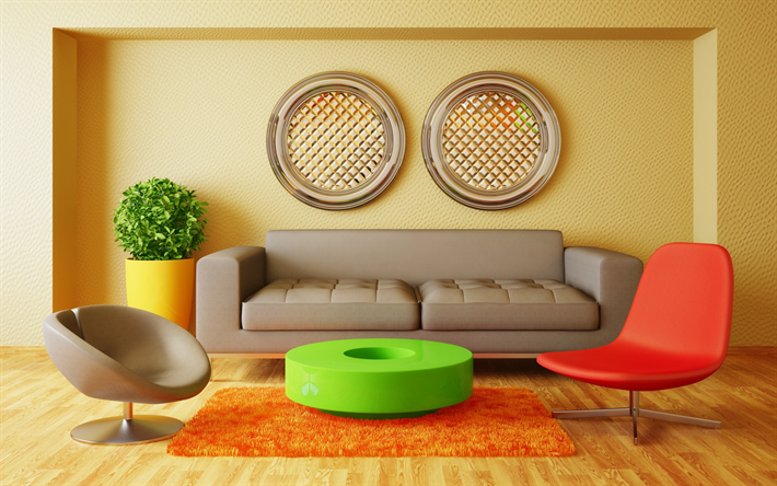 sala de estar, o estilo de minimalismo, design, um design interior moderno, amarelo sala de estar, interior elegante
